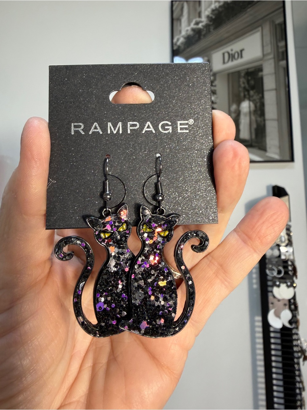 Rampage Black Cat Dangle Earrings with Multicolor Glitter